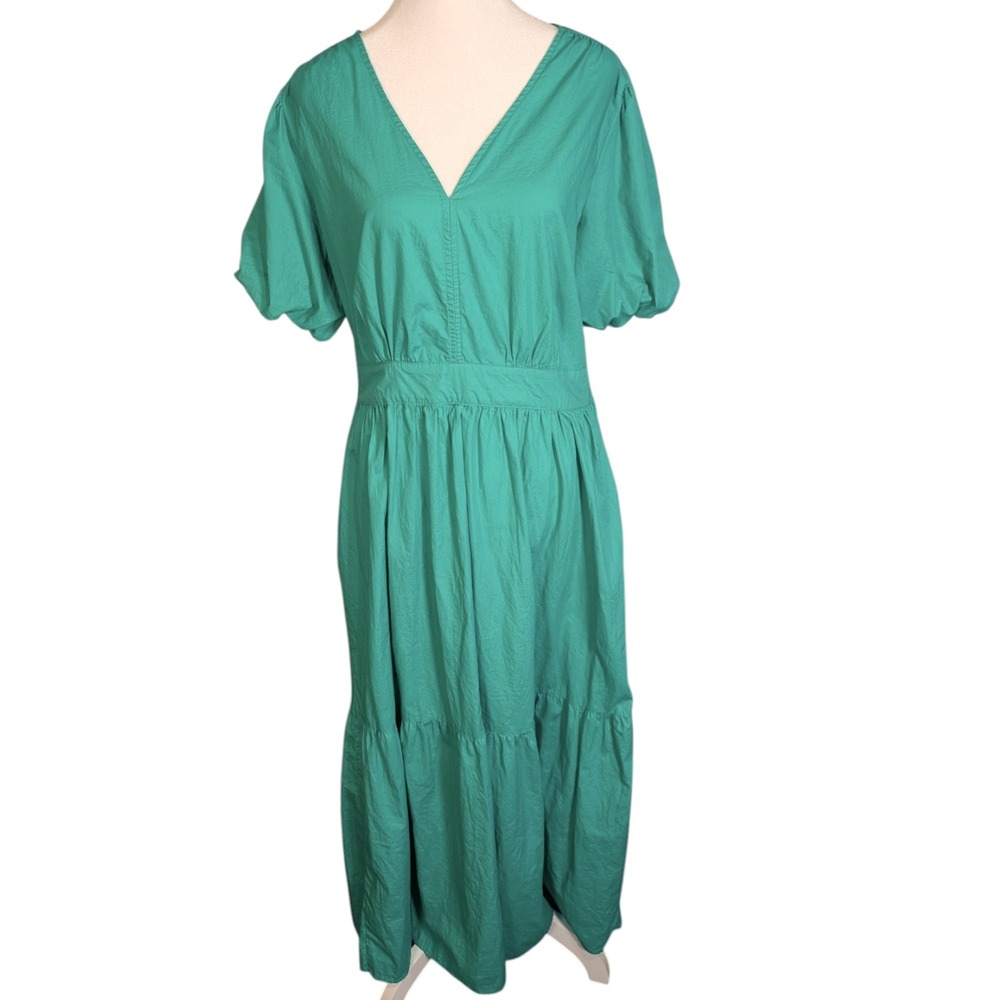 French Connection Green 100% Cotton V-Neck Puff Sleeve Tiered Midi Dress L